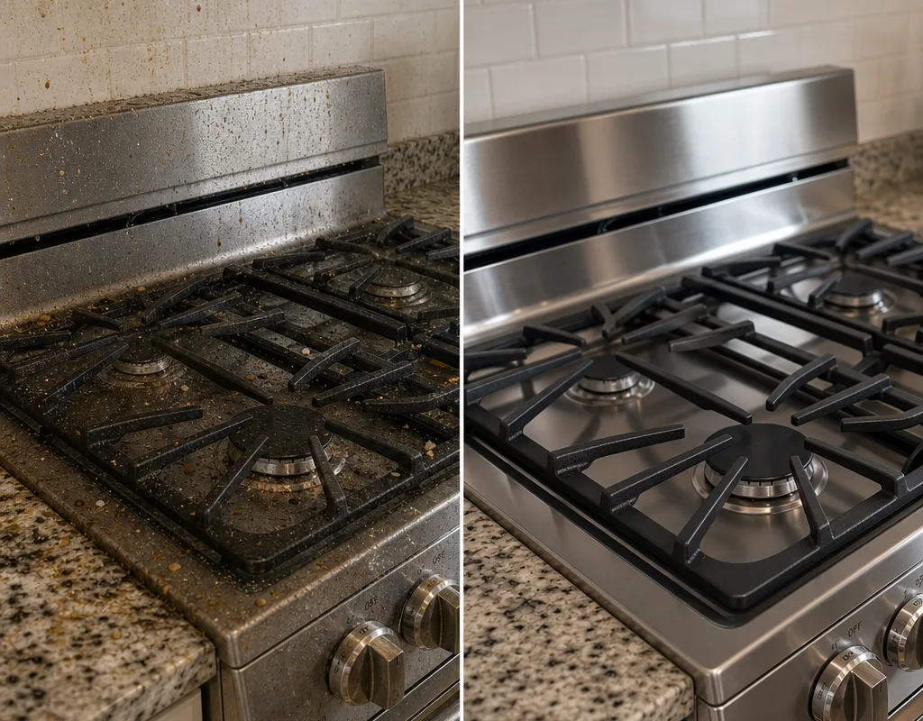Before and after comparison of a kitchen stovetop with grease and crumbs removed