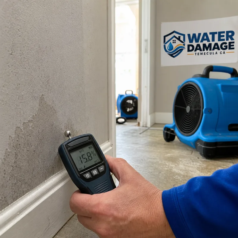 Moisture meter measuring drywall near a baseboard while structural drying equipment operates in the background