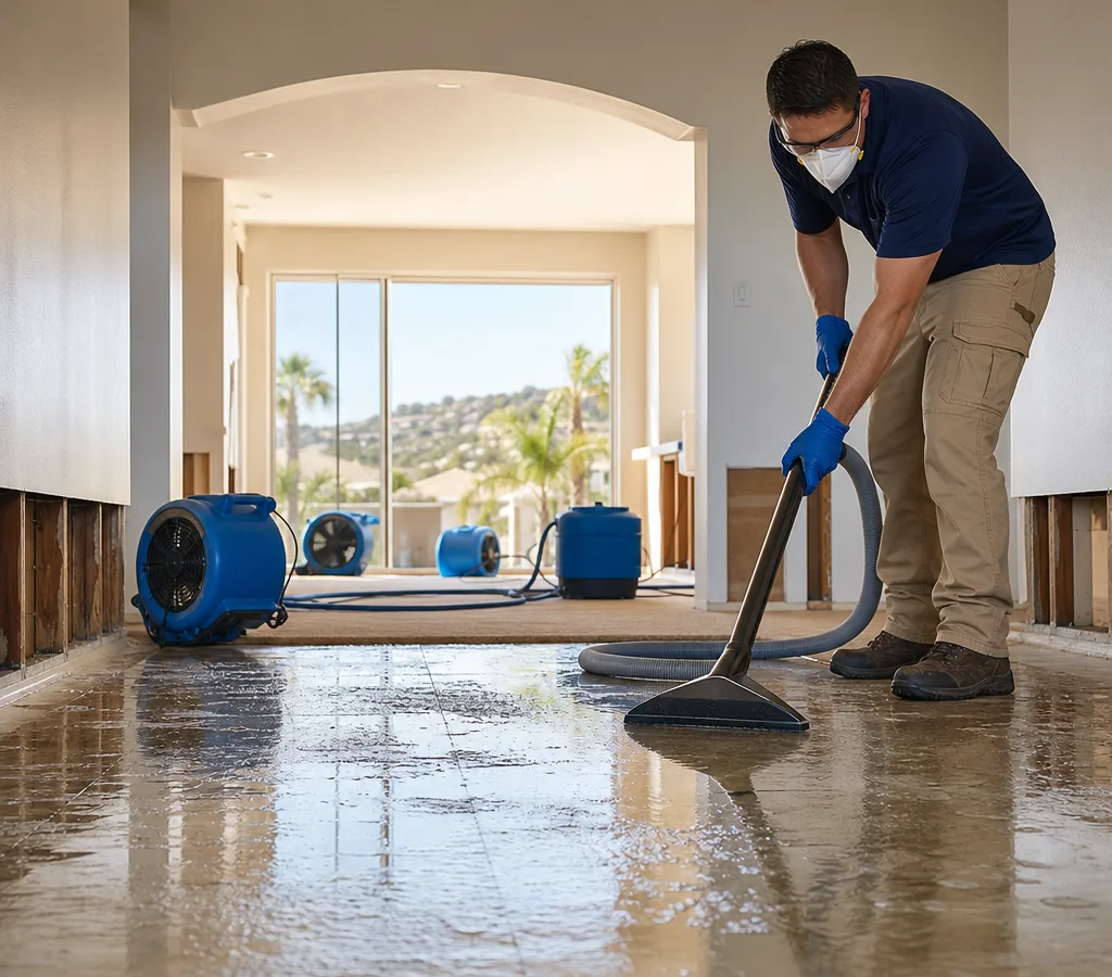 Technician using water extraction equipment in a Temecula home with drying fans staged nearby