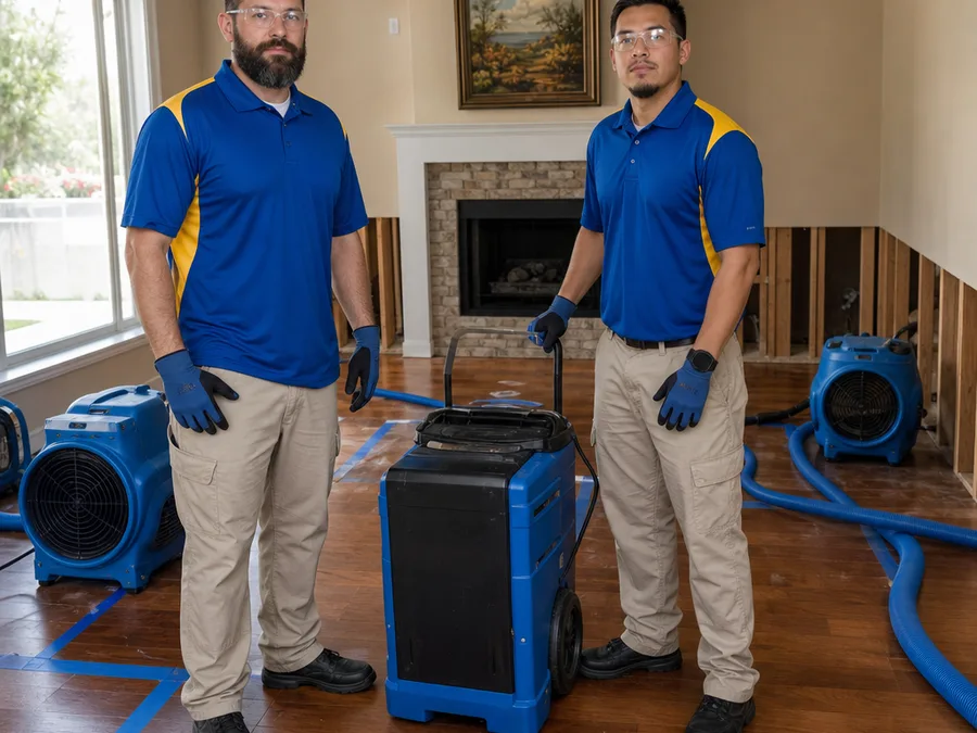 Two-person Temecula restoration crew beside air movers and a dehumidifier
