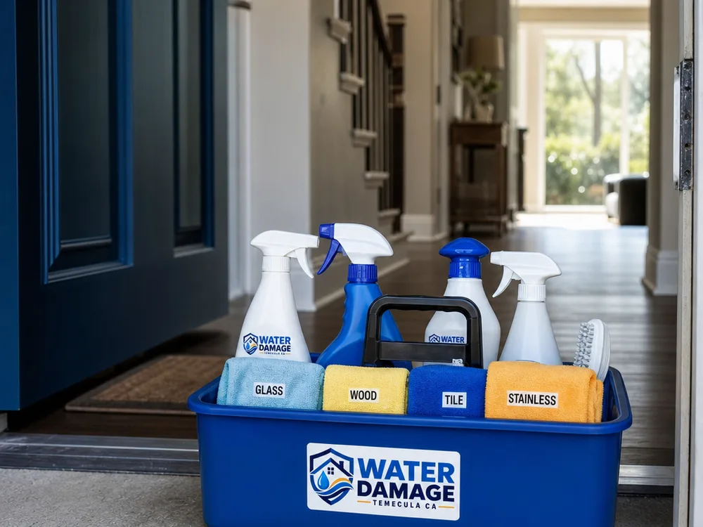 Organized cleaning caddy with labeled cloths and surface-safe products
